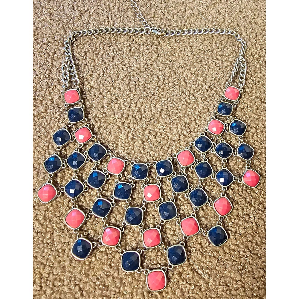 Y2K Silver Tone Metal Statement Bib Necklace Pink & Blue, Cable Chain